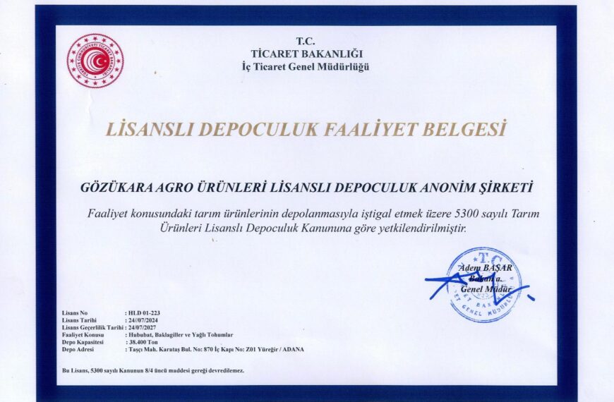 Danışmanlığını Yaptığımız Gözükara Agro Lidaş Adana Yüreğir’de kapasite artırımı yaparak 38.400 Ton Kapasite için Lisans Alarak Faaliyete Geçmiştir.