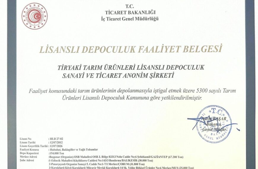 Danışmanlığını Yaptığımız Tiryaki Lidaş Muş ili Merkez İlçesinde de yeni bir şube ile 25.000 Ton Kapasite için Lisans Alarak Faaliyete Geçmiştir.