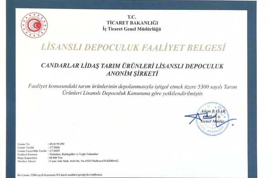 Danışmanlığını Yaptığımız Candarlar Lidaş Tekirdağ Hayrabolu’da 60.000 Ton Kapasite için Lisans Alarak Faaliyete Geçmiştir.