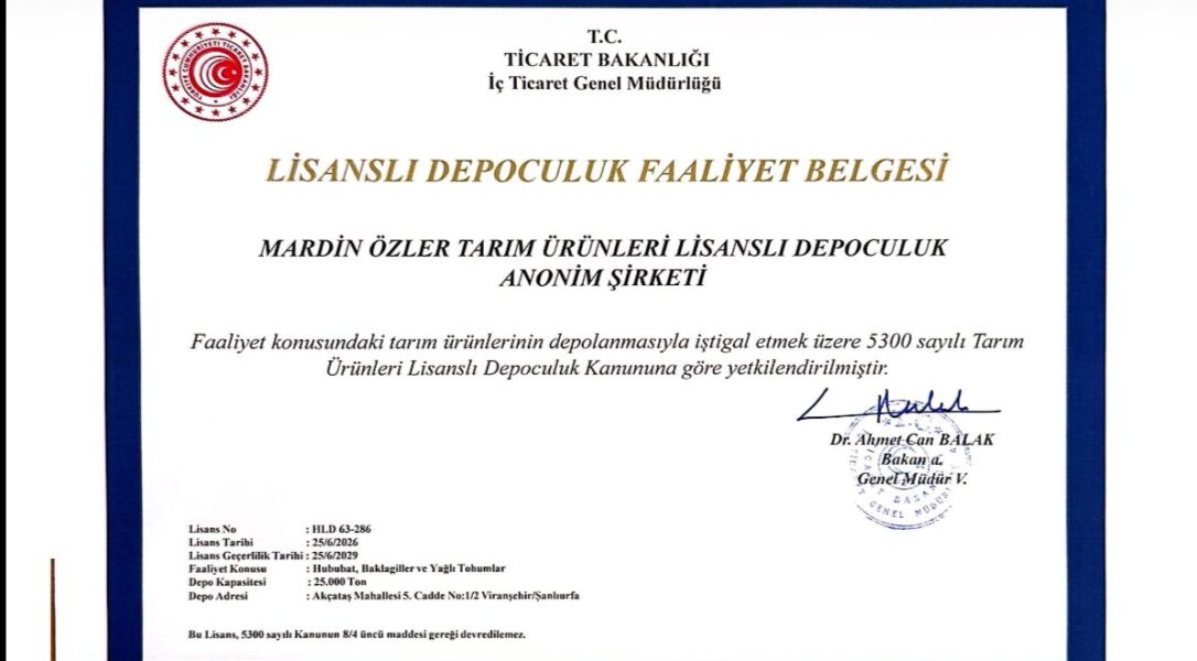 Danışmanlığını Yaptığımız Mardin Özler Lidaş Viranşehir Şanlıurfa’da 25.000 Ton Kapasite için Lisans Alarak Faaliyete Geçmiştir.