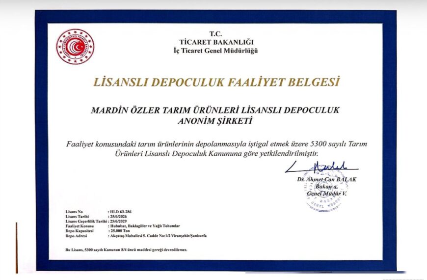 Danışmanlığını Yaptığımız Mardin Özler Lidaş Viranşehir Şanlıurfa’da 25.000 Ton Kapasite için Lisans Alarak Faaliyete Geçmiştir.