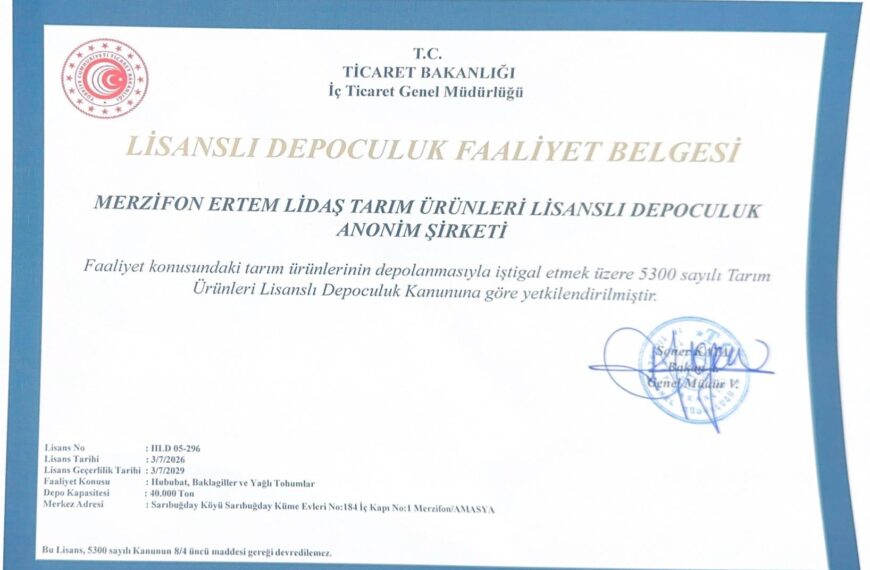 Danışmanlığını Yaptığımız Merzifon Ertem Lidaş Merzifon Amasya’da 40.000 Ton Kapasite için Lisans Alarak Faaliyete Geçmiştir.