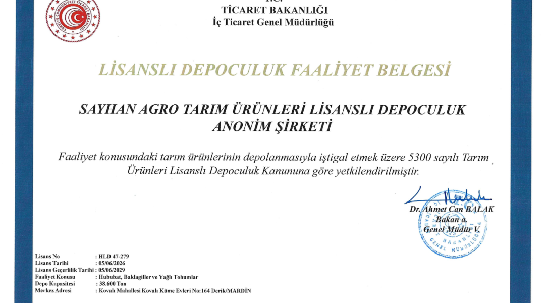 Danışmanlığını Yaptığımız Sayhan Agro Lidaş Derik Mardin’de 38.600 Ton Kapasite için Lisans Alarak Faaliyete Geçmiştir.