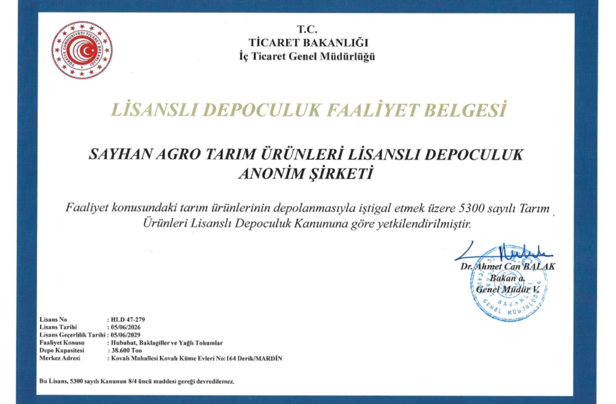 Danışmanlığını Yaptığımız Sayhan Agro Lidaş Derik Mardin’de 38.600 Ton Kapasite için Lisans Alarak Faaliyete Geçmiştir.